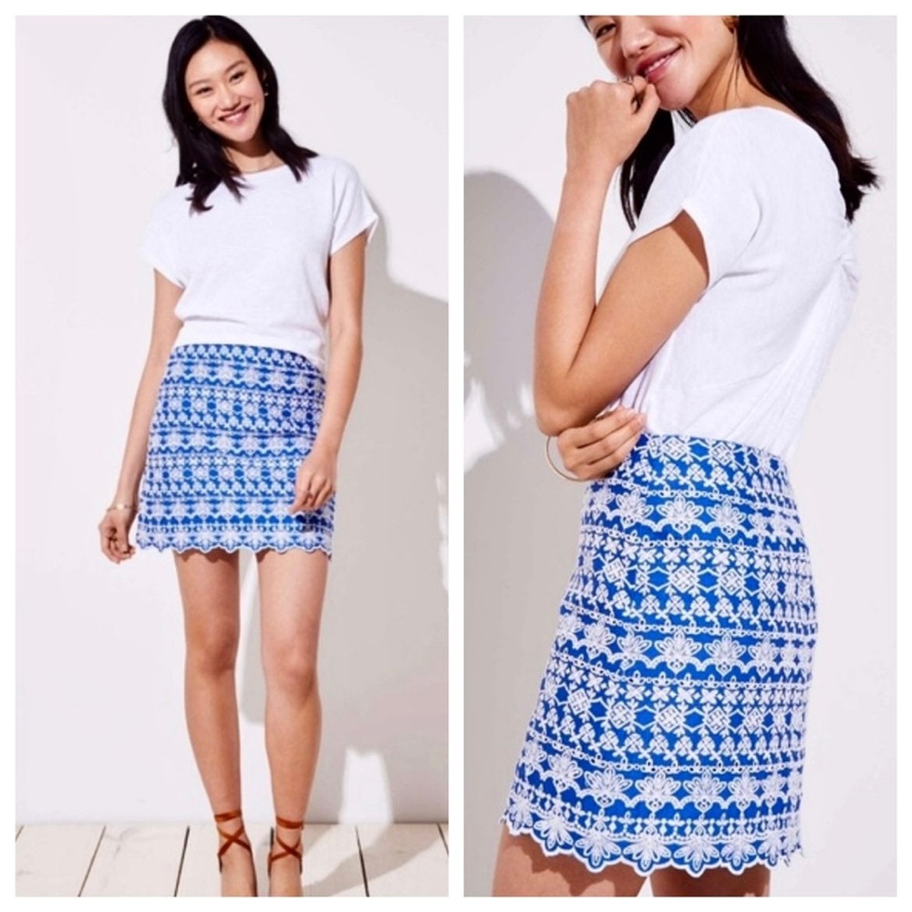NWOT LOFT embroidered scalloped blue and white eyelet mini skirt, Size 2